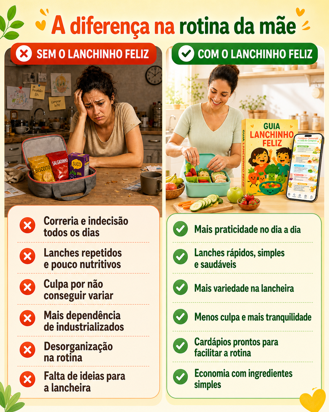 Comparação: rotina da mãe sem o Guia Lanchinho Feliz vs com o Guia