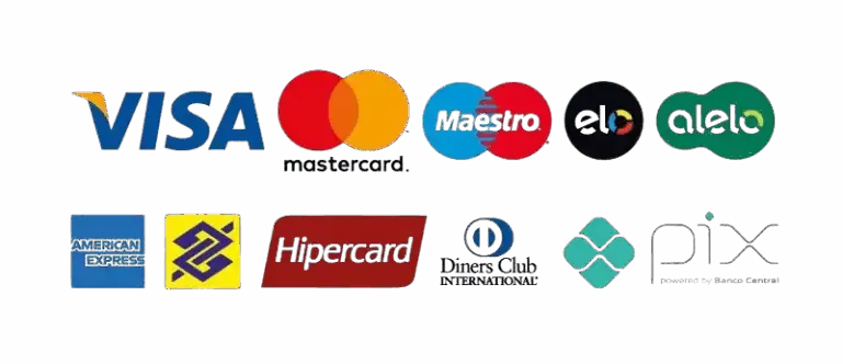 Formas de pagamento aceitas: Visa, Mastercard, Elo, Hipercard, Amex, Pix e boleto